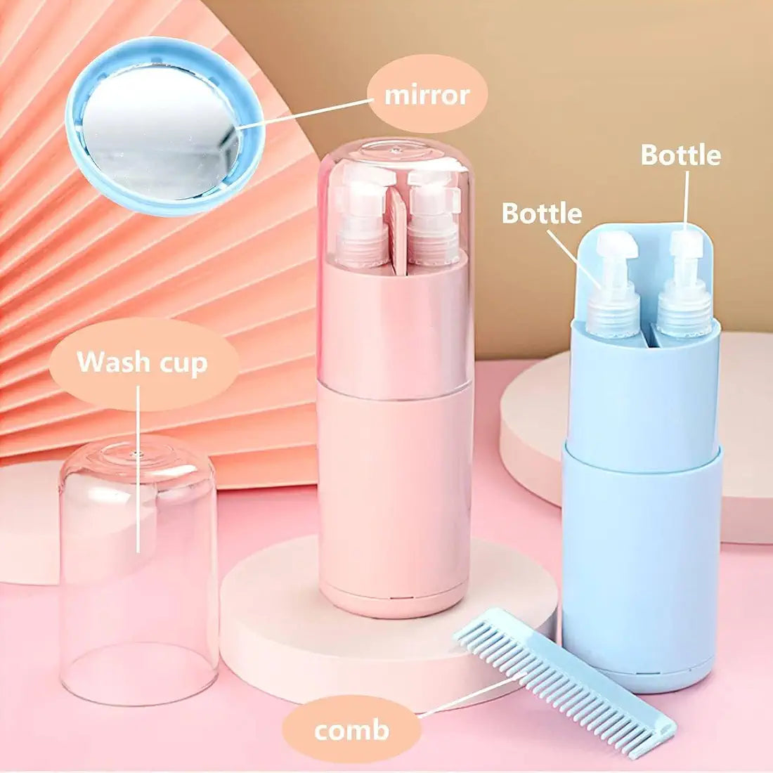 Travel Essential Kit – 6‑in‑1 Portable Toiletry Dispenser with Comb, Mirror & Towel