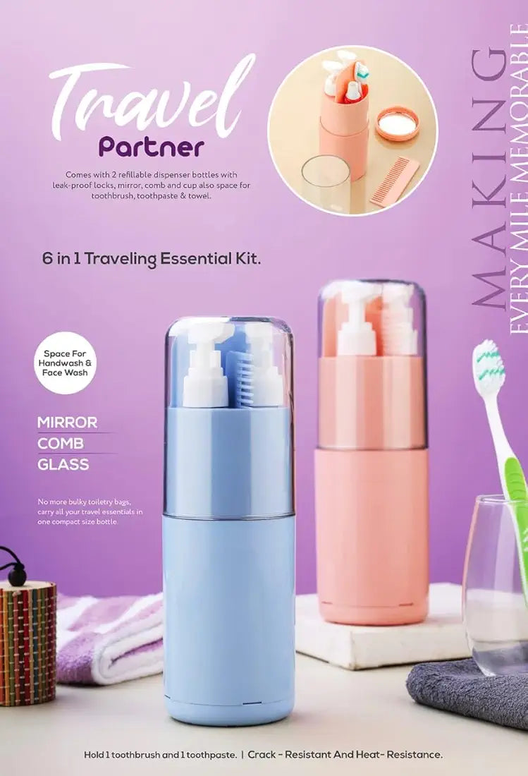 Travel Essential Kit – 6‑in‑1 Portable Toiletry Dispenser with Comb, Mirror & Towel