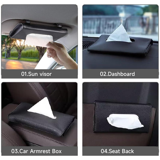 Car Tissue Holder for Sun Visor | PU Leather Refillable Napkin Box for Dashboard, Seatback & Door