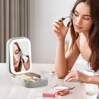 White Leather Jewelry Box with LED Mirror – Adjustable Storage