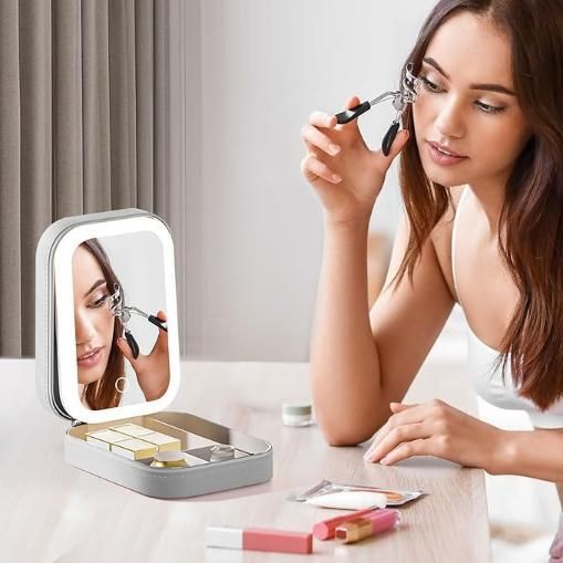 White Leather Jewelry Box with LED Mirror – Adjustable Storage
