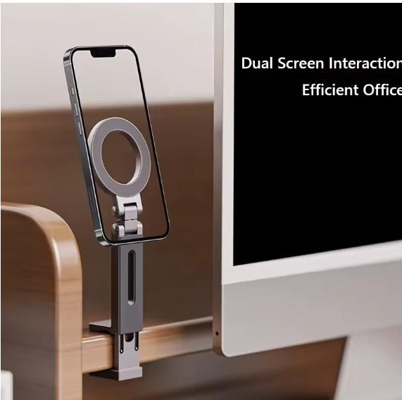 MagSafe-Compatible Clamp-On Magnetic Phone Stand – Stainless Steel, Silver