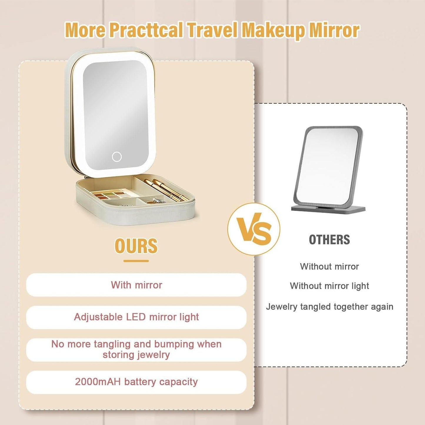 White Leather Jewelry Box with LED Mirror – Adjustable Storage