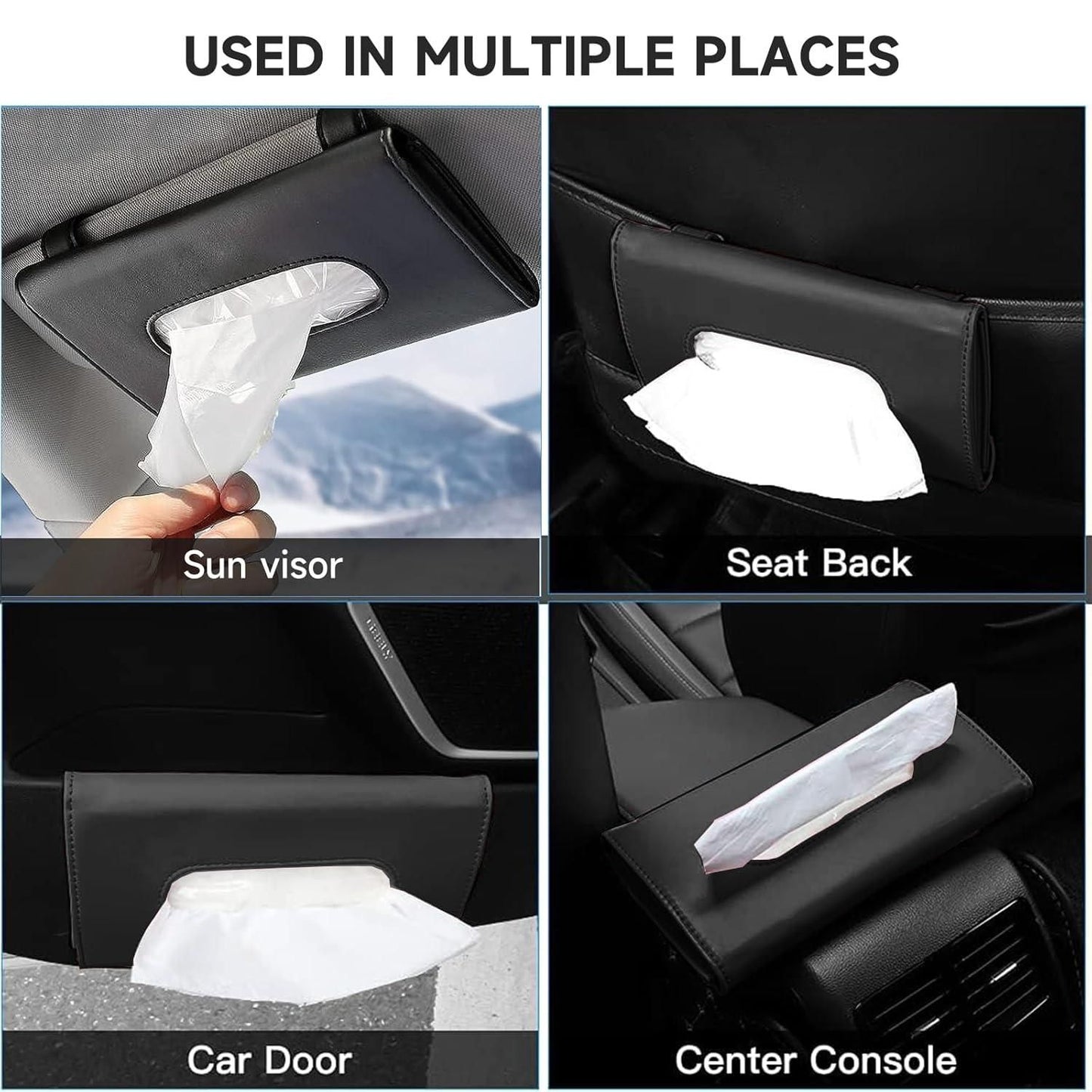 Car Tissue Holder for Sun Visor | PU Leather Refillable Napkin Box for Dashboard, Seatback & Door