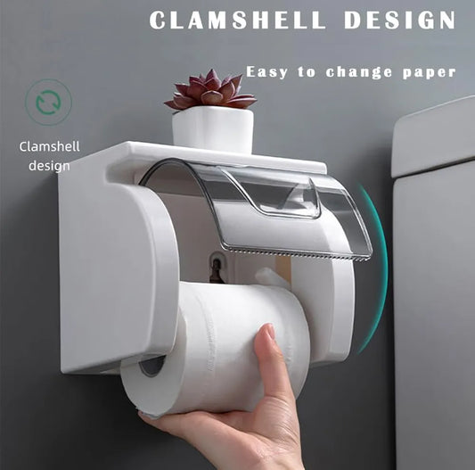 Wall-Mounted Toilet Roll Holder with Shelf – No Drill, Self-Adhesive