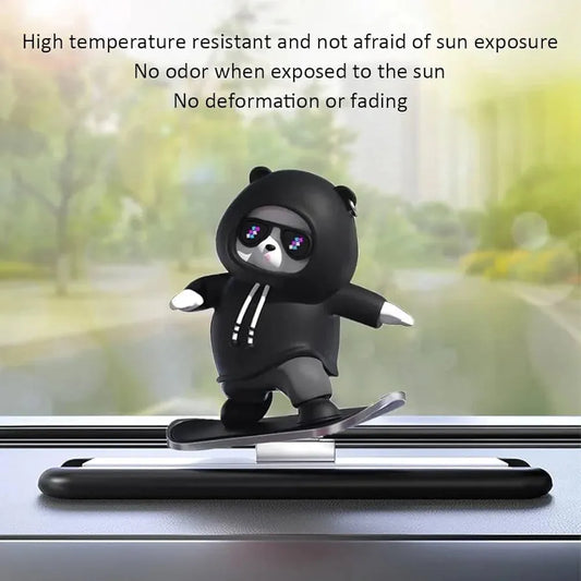 Cool Bear Skateboard Dashboard Bobblehead – Black Plastic Car Decor Figurine