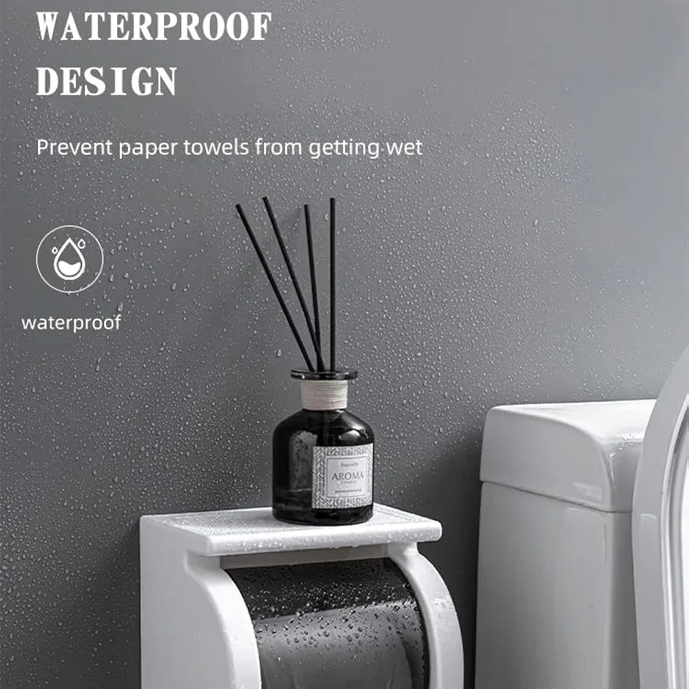 Wall-Mounted Toilet Roll Holder with Shelf – No Drill, Self-Adhesive