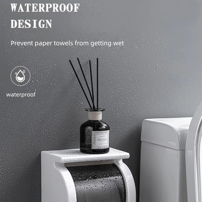 Wall-Mounted Toilet Roll Holder with Shelf – No Drill, Self-Adhesive