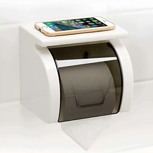 Wall-Mounted Toilet Roll Holder with Shelf – No Drill, Self-Adhesive
