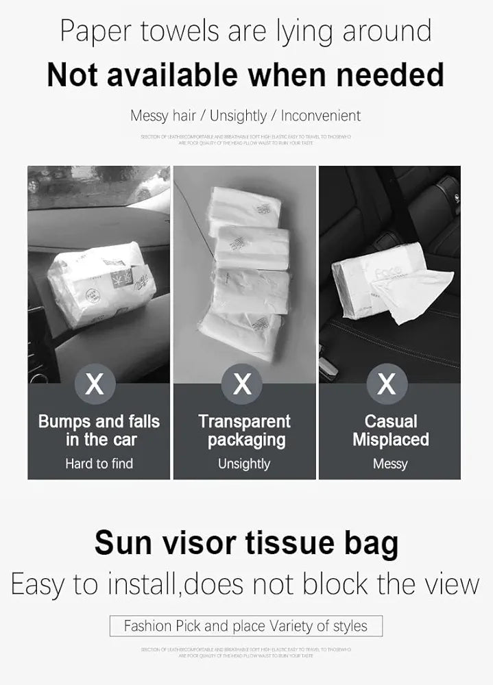 Car Tissue Holder for Sun Visor | PU Leather Refillable Napkin Box for Dashboard, Seatback & Door
