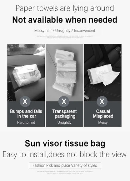 Car Tissue Holder for Sun Visor | PU Leather Refillable Napkin Box for Dashboard, Seatback & Door