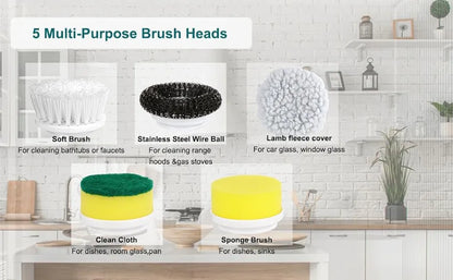 5-in-1 Cordless Electric Spin Scrubber for Bathroom, Kitchen & Home (Rechargeable, White)