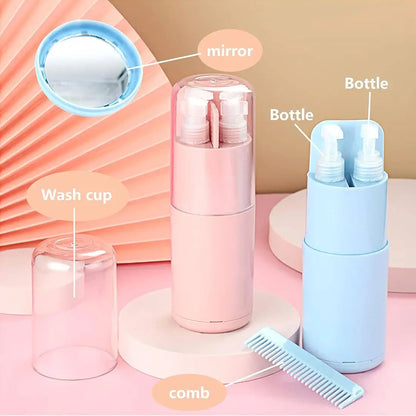 Travel Essential Kit – 6‑in‑1 Portable Toiletry Dispenser with Comb, Mirror & Towel
