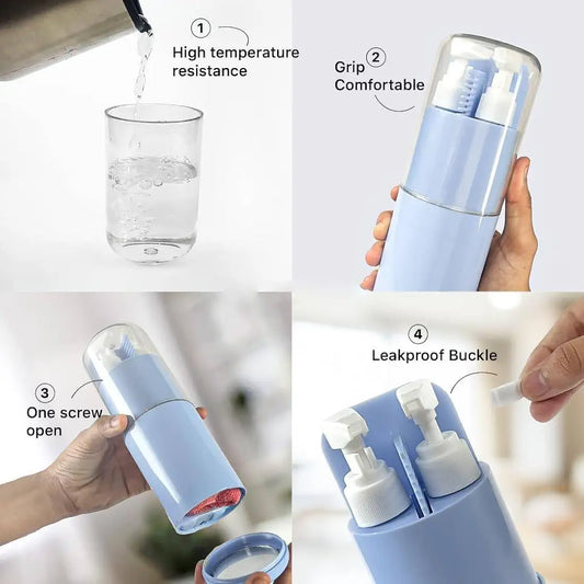 Travel Essential Kit – 6‑in‑1 Portable Toiletry Dispenser with Comb, Mirror & Towel