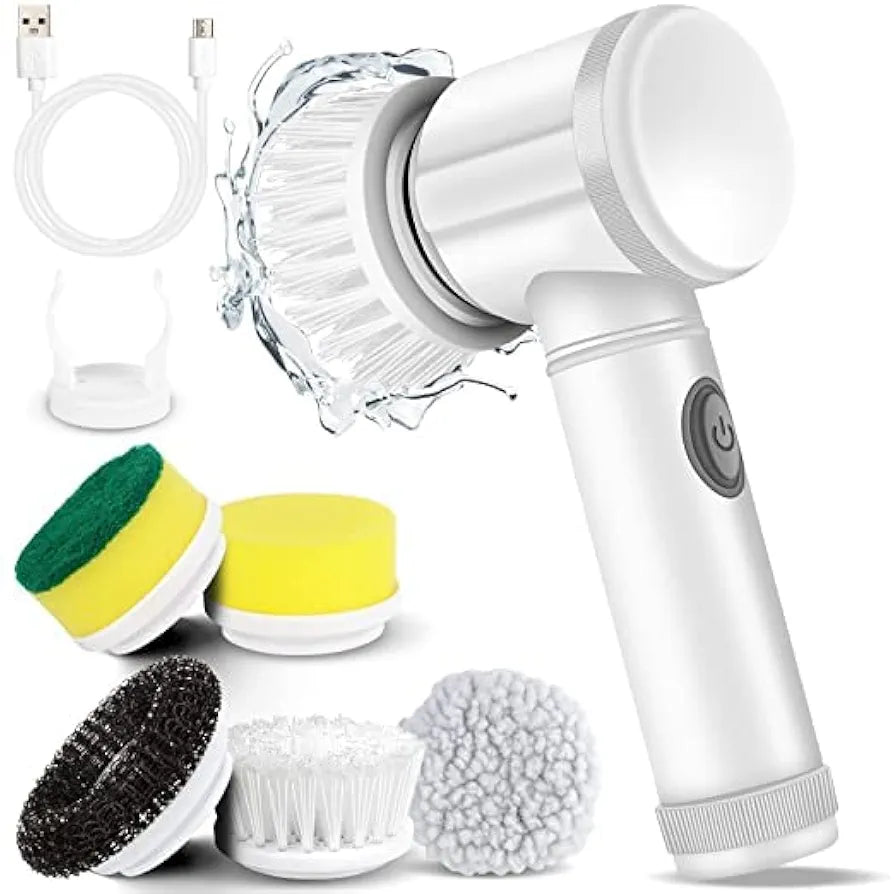 5-in-1 Cordless Electric Spin Scrubber for Bathroom, Kitchen & Home (Rechargeable, White)