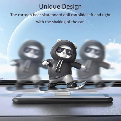 Cool Bear Skateboard Dashboard Bobblehead – Black Plastic Car Decor Figurine