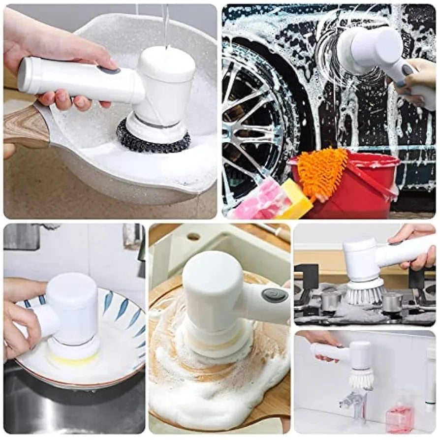 5-in-1 Cordless Electric Spin Scrubber for Bathroom, Kitchen & Home (Rechargeable, White)