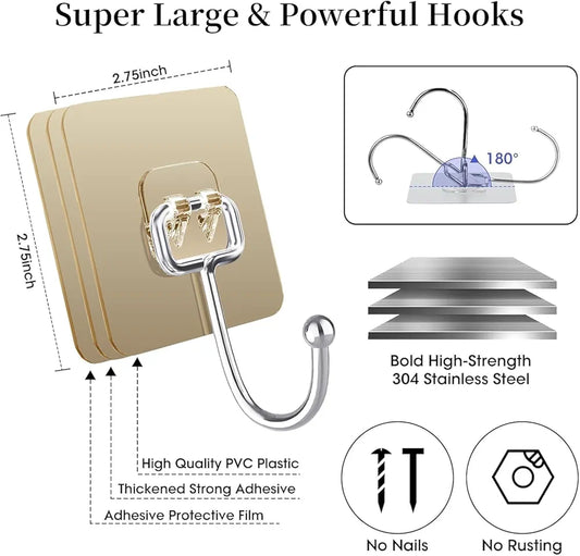 Golden Large Hooks for Hanging – Stainless Steel, Rust Resistant, Pack of 10