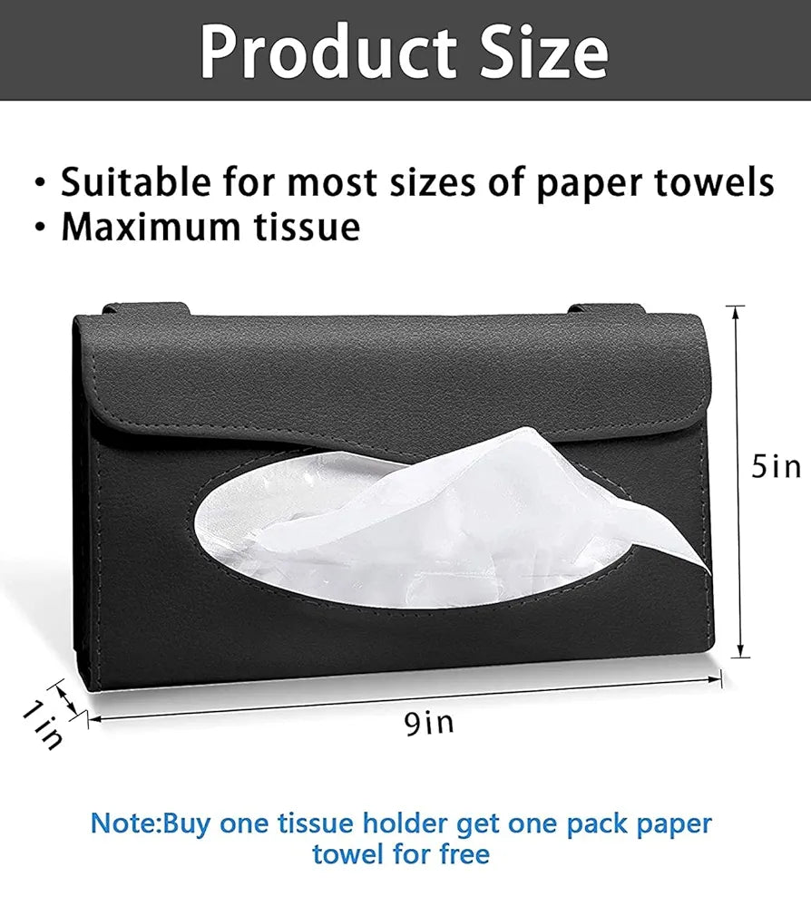 Car Tissue Holder for Sun Visor | PU Leather Refillable Napkin Box for Dashboard, Seatback & Door