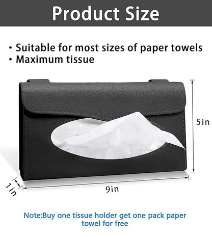 Car Tissue Holder for Sun Visor | PU Leather Refillable Napkin Box for Dashboard, Seatback & Door