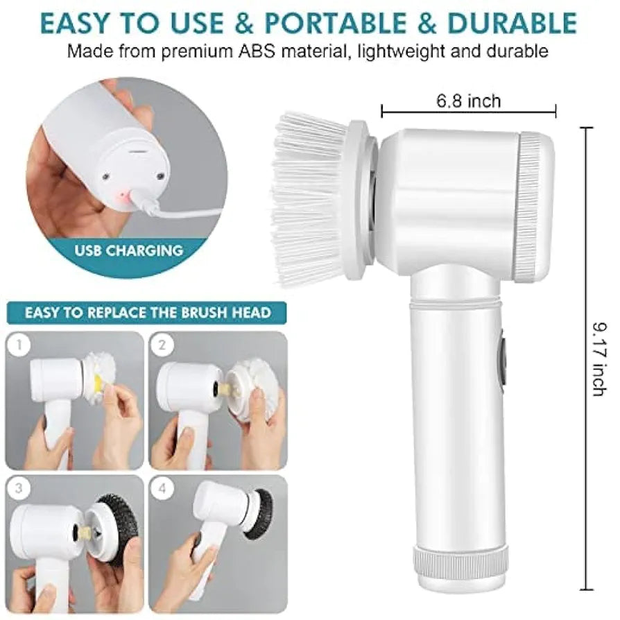 5-in-1 Cordless Electric Spin Scrubber for Bathroom, Kitchen & Home (Rechargeable, White)