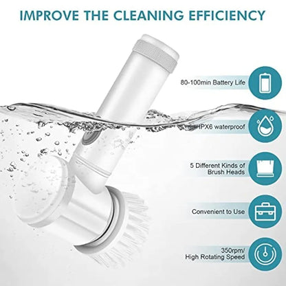 5-in-1 Cordless Electric Spin Scrubber for Bathroom, Kitchen & Home (Rechargeable, White)