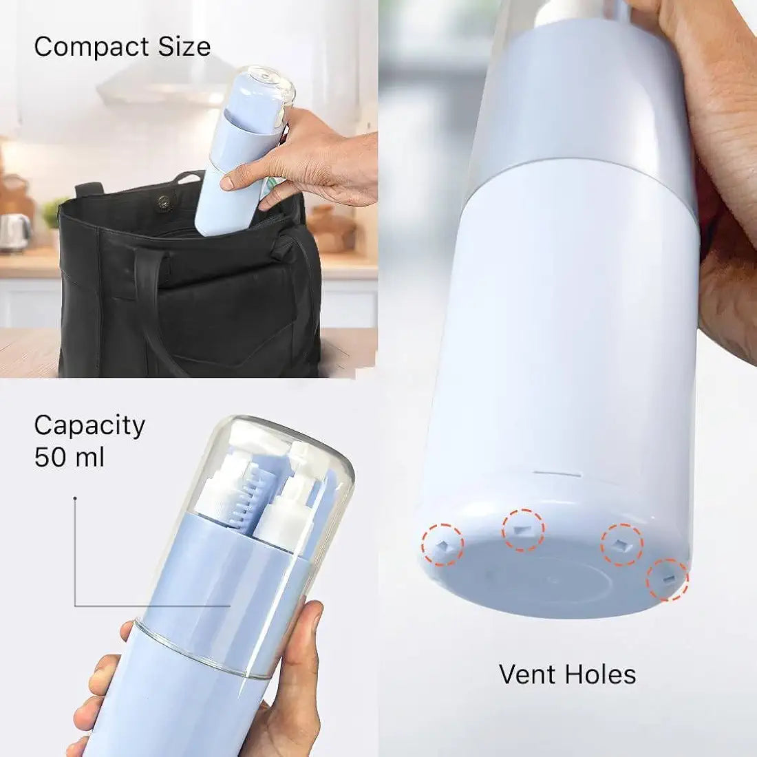 Travel Essential Kit – 6‑in‑1 Portable Toiletry Dispenser with Comb, Mirror & Towel